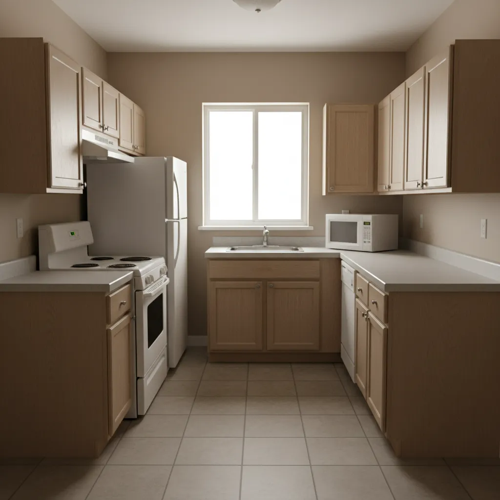 Small kitchen with light wood cabinets white stove fridge tile floor and a bright window