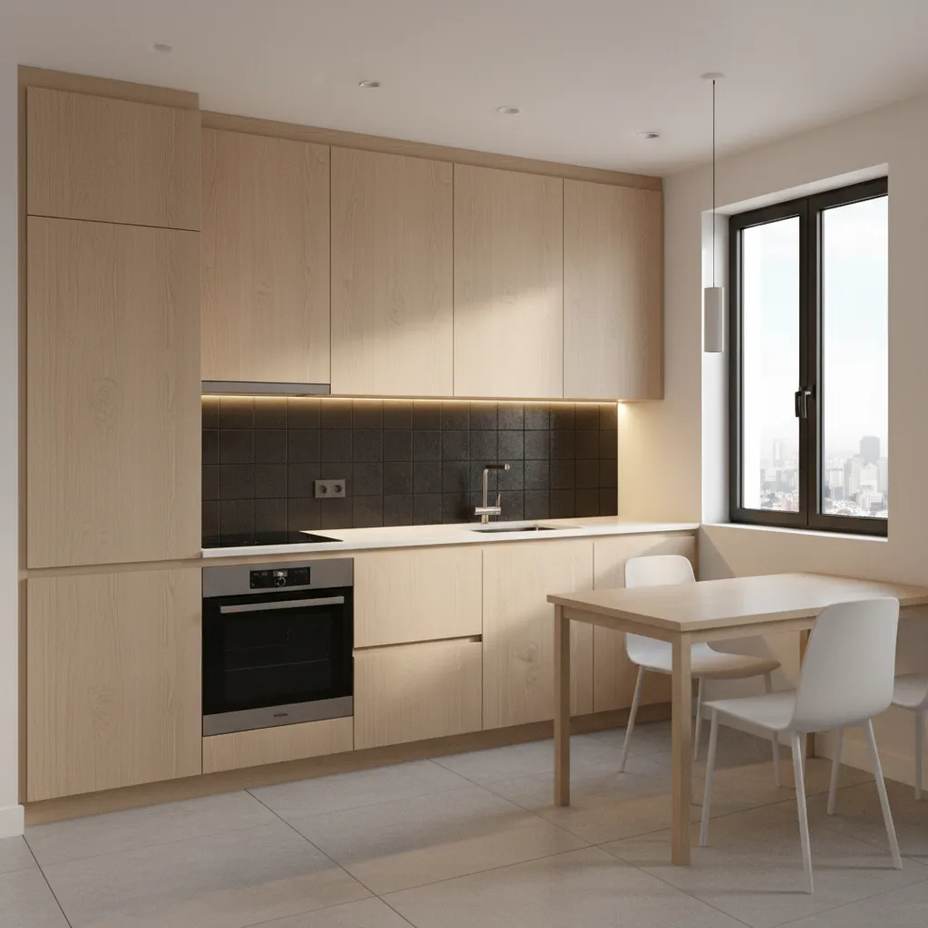 Small kitchen with wood cabinets and black backsplash with bright lighting