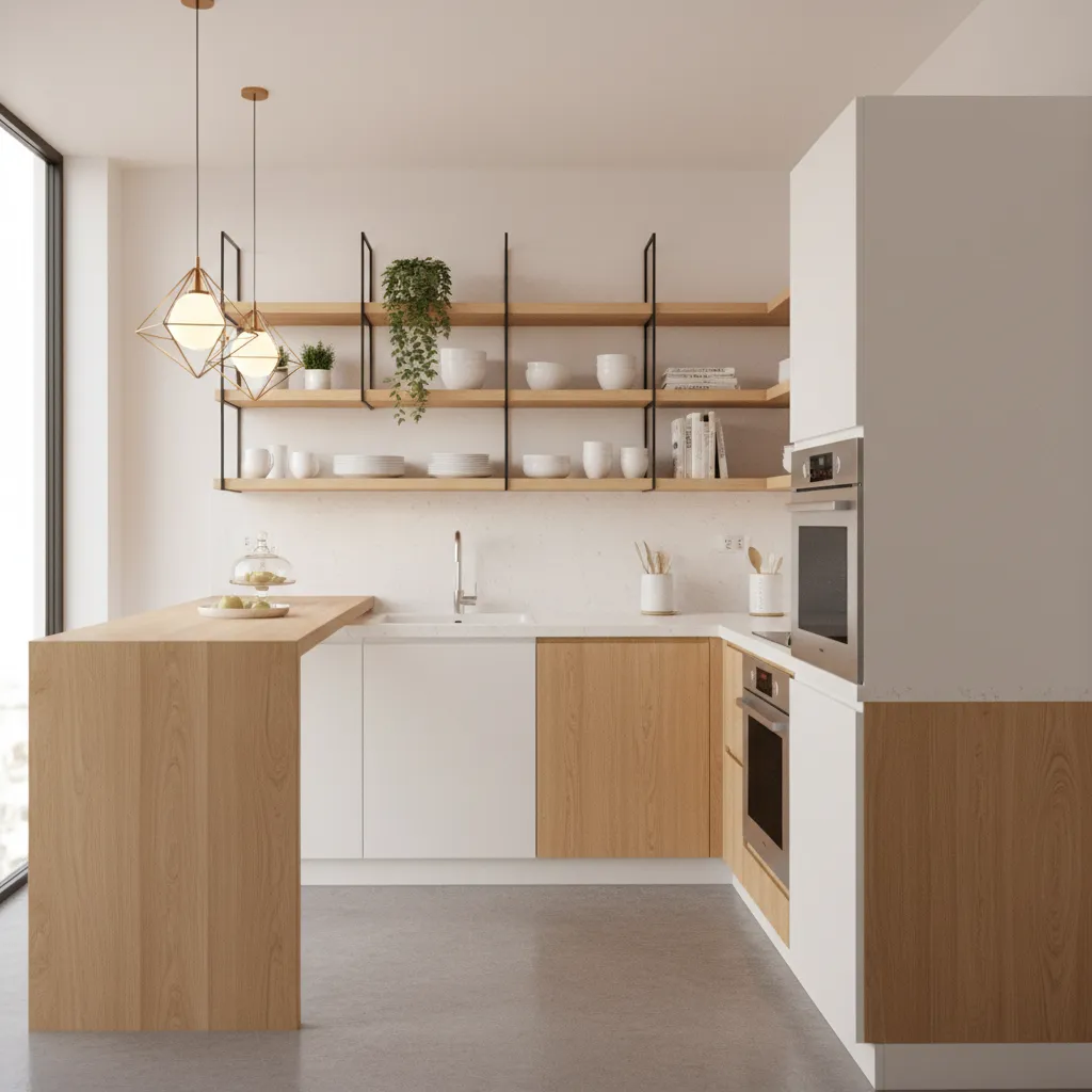 small kitchen breakfast bar with pendant lighting and open shelving