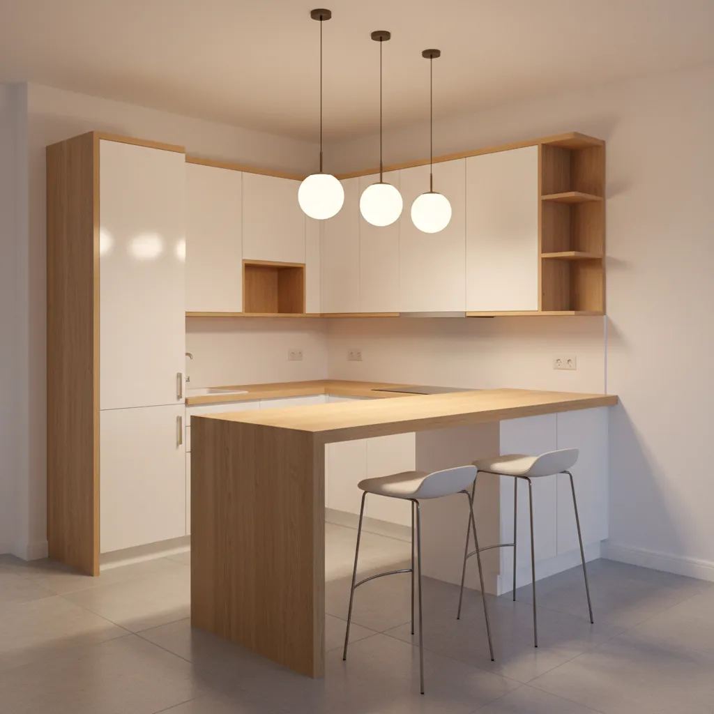 Small U shaped kitchen breakfast bar with pendant lighting