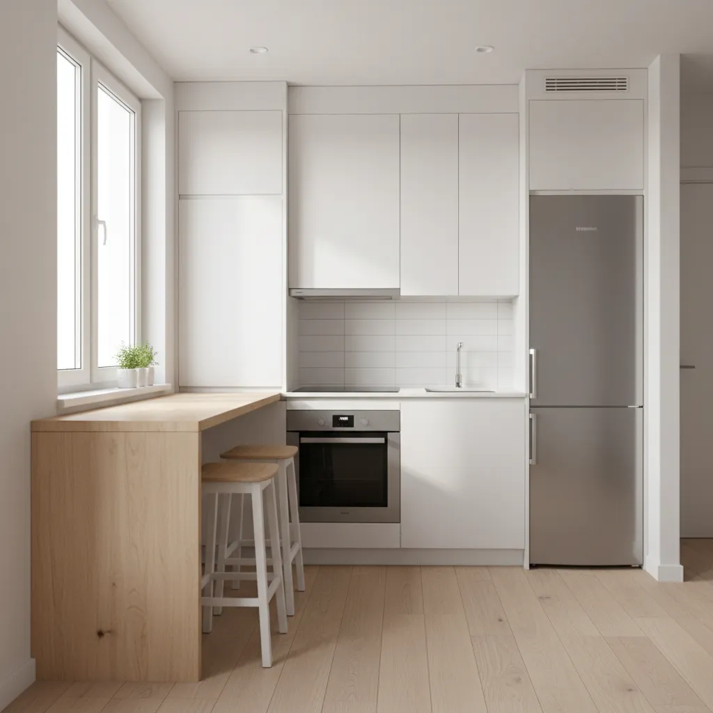 compact kitchen with slim breakfast bar seating and two stools