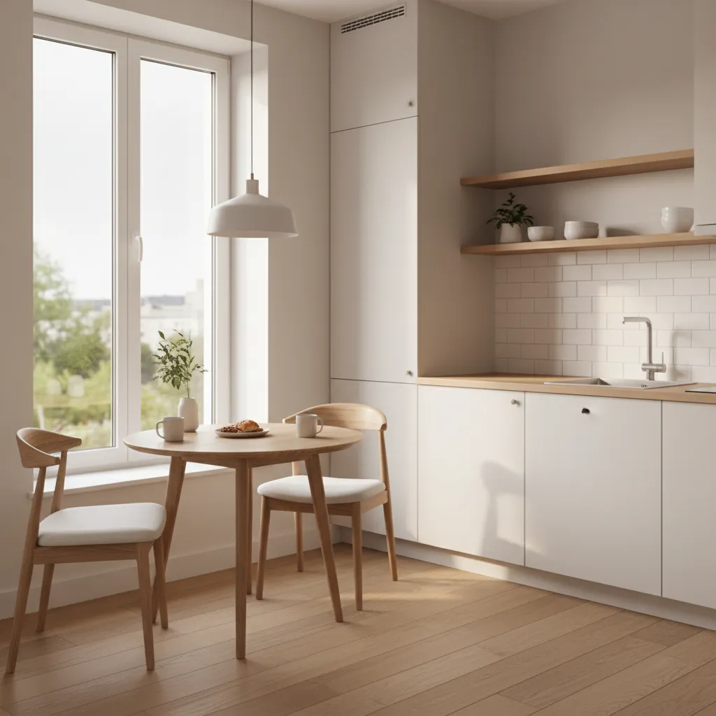 Small apartment kitchen with breakfast nook seating for two