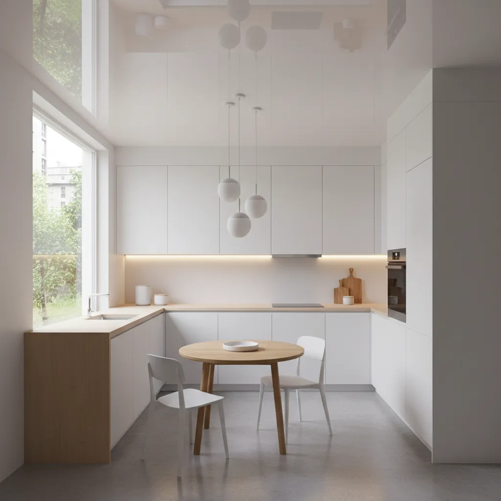 small modern kitchen with bright reflective ceiling and natural light