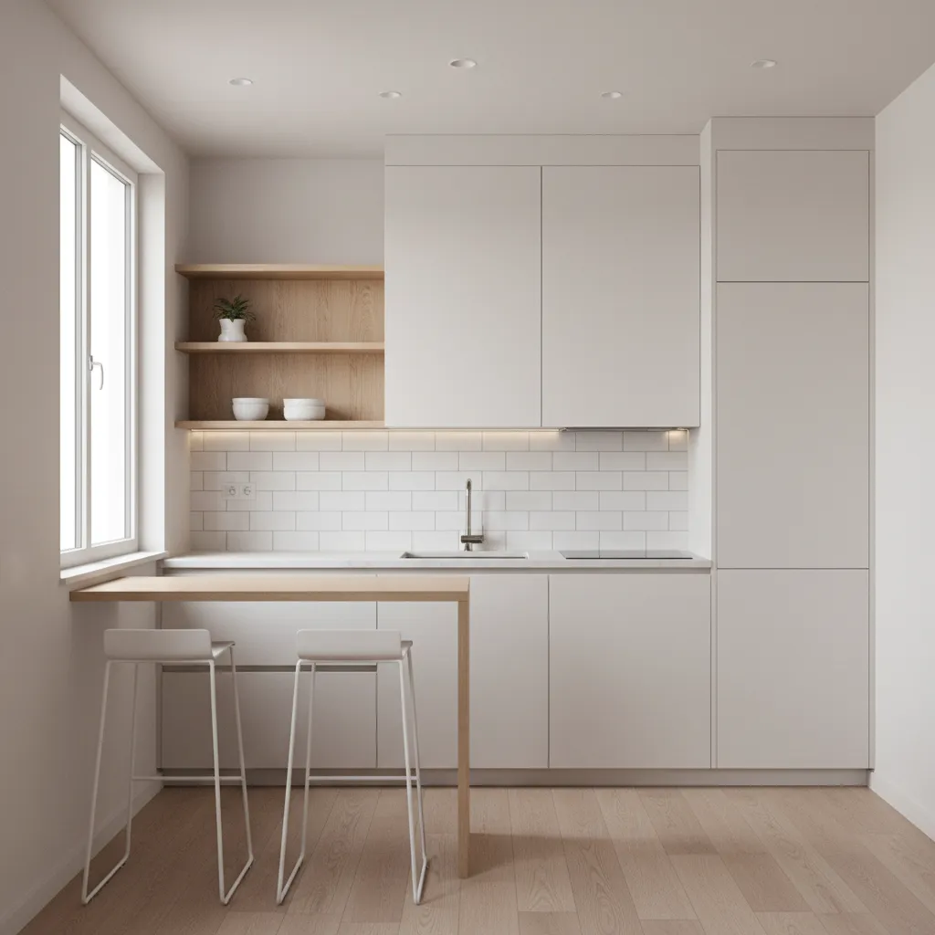 Bright small kitchen interior with efficient layout and light cabinets
