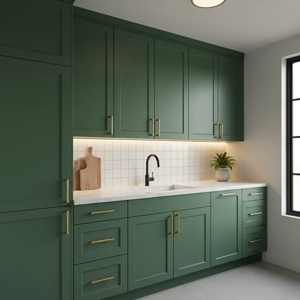 Small kitchen with freshly painted cabinets and modern hardware