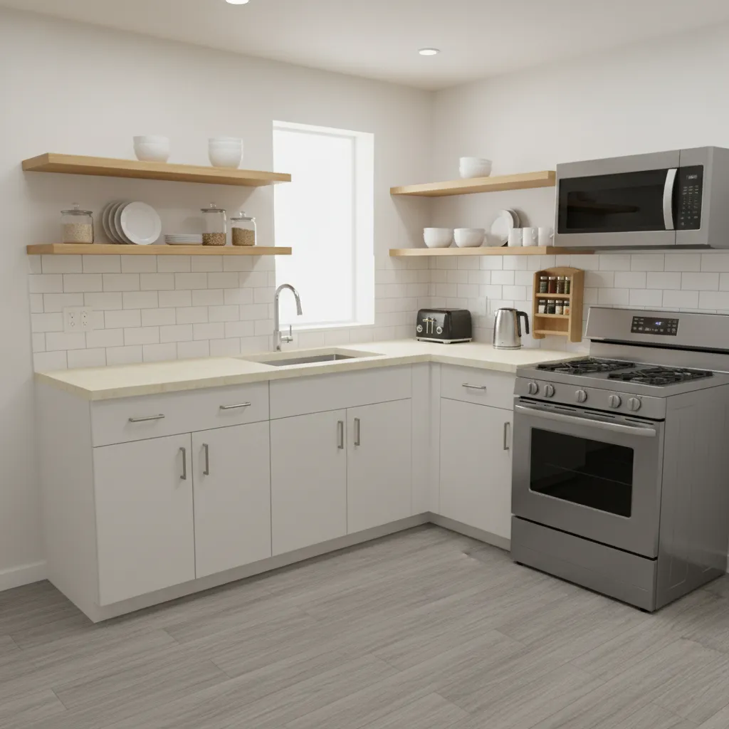 Small kitchen with budget materials and smart storage