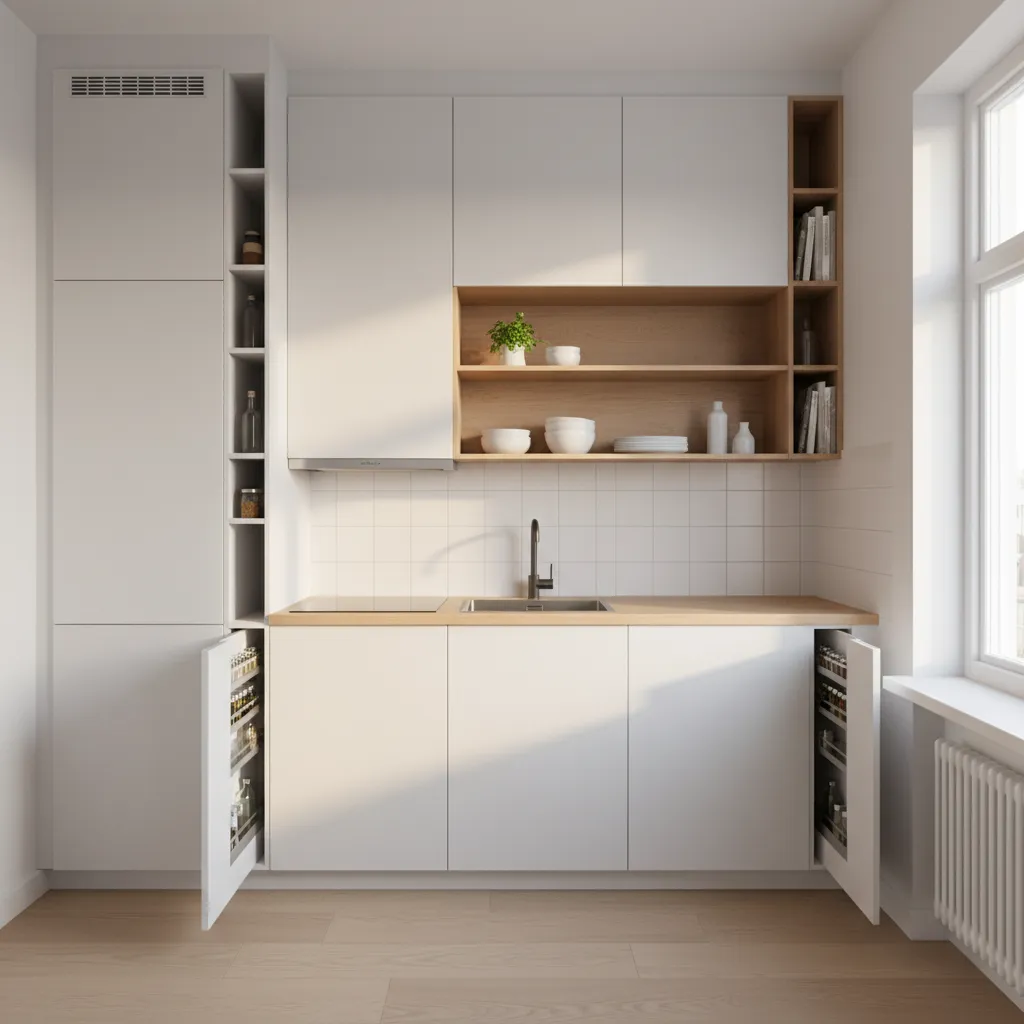 Modern white minimalist kitchen with wooden shelves sink cooktop and two open pull out cabinets