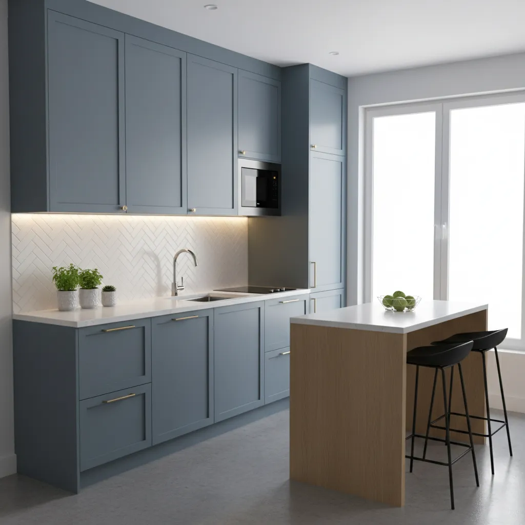 small kitchen with updated cabinets backsplash and lighting