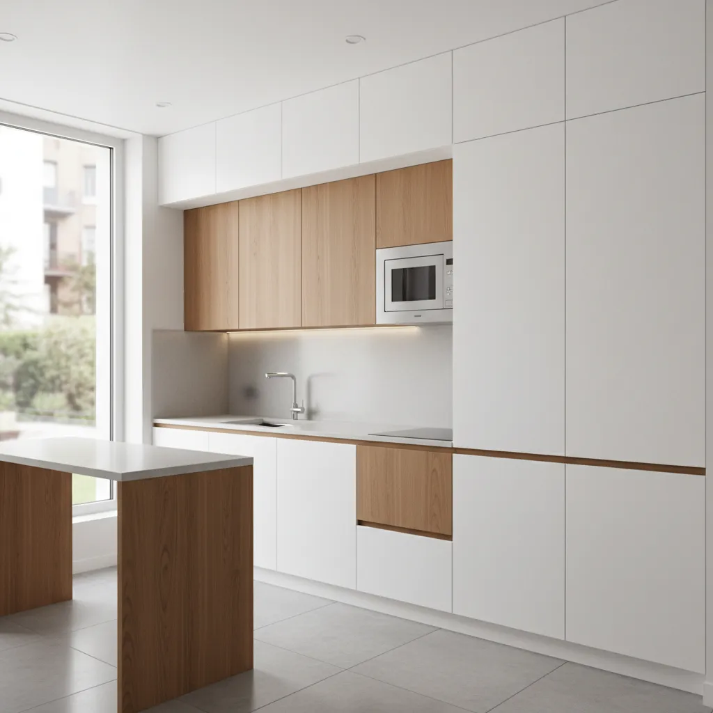 compact kitchen with built in microwave cabinet near prep counter