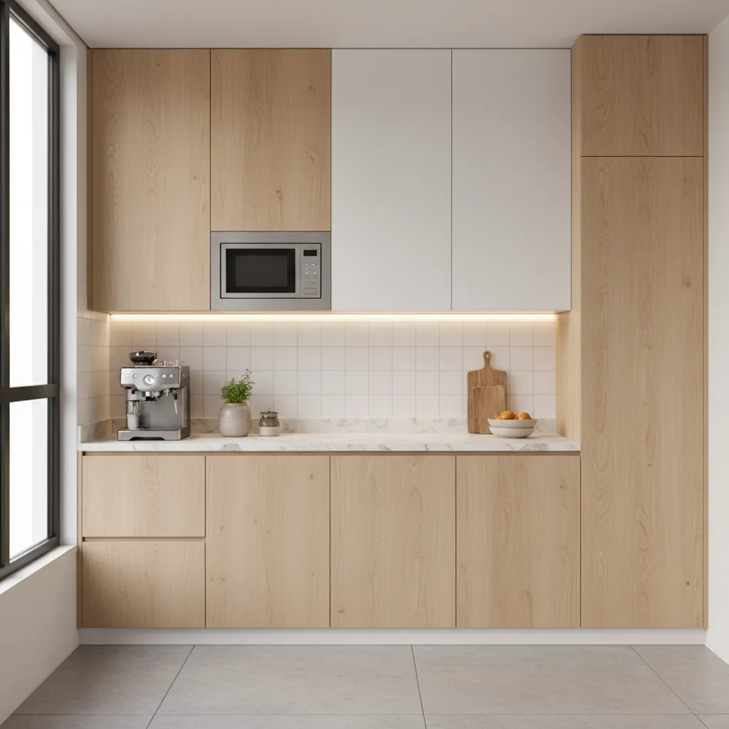 compact kitchen with built-in microwave shelf in cabinet