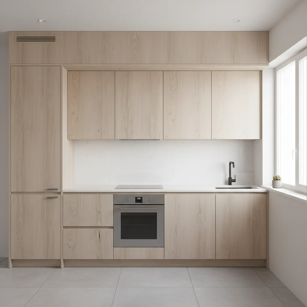 Small kitchen with shallow ceiling bulkhead aligned with cabinets