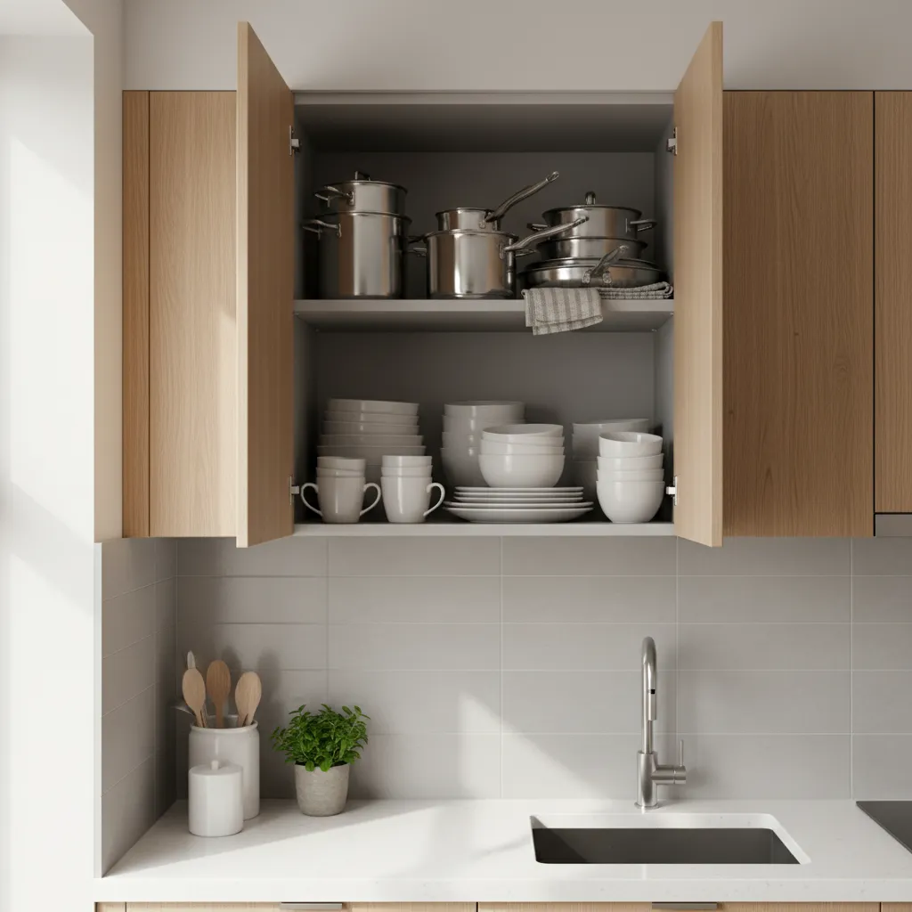 Open upper wood kitchen cabinet above sink showing metal pots and stacked white ceramic dishes