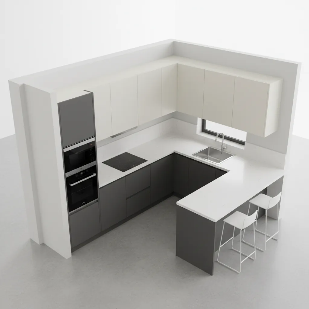 Interior design drawing of a u-shaped kitchen with grey cabinets white countertops and breakfast bar