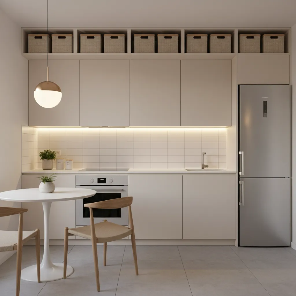 small kitchen with neatly organized storage containers above cabinets maintaining visual balance