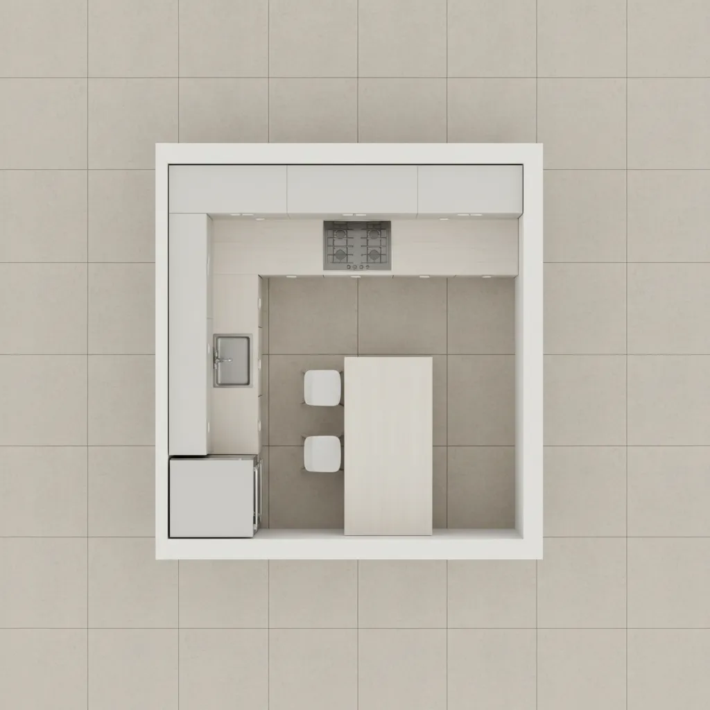 Top view layout of small kitchen cabinet arrangement
