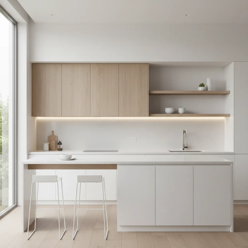 compact kitchen with slim cabinets and open shelving improving space