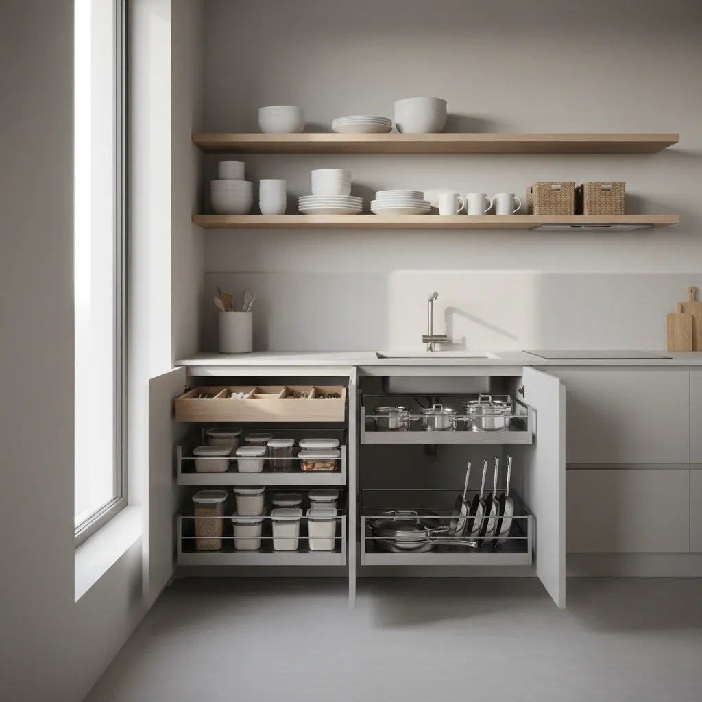 Modern kitchen with white lower cabinets showing pull out drawers for jars and metal pots