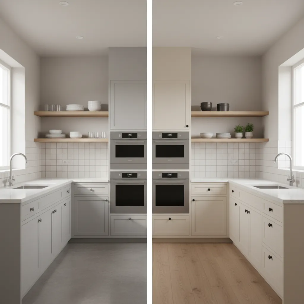 comparison of flat panel and shaker cabinets in a small kitchen