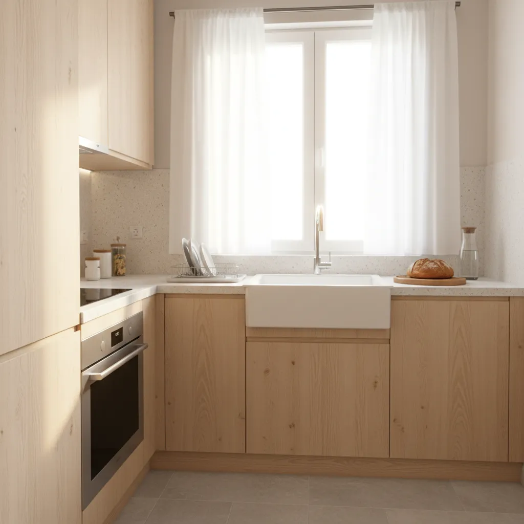 Small kitchen window with simple cafe curtains allowing sunlight