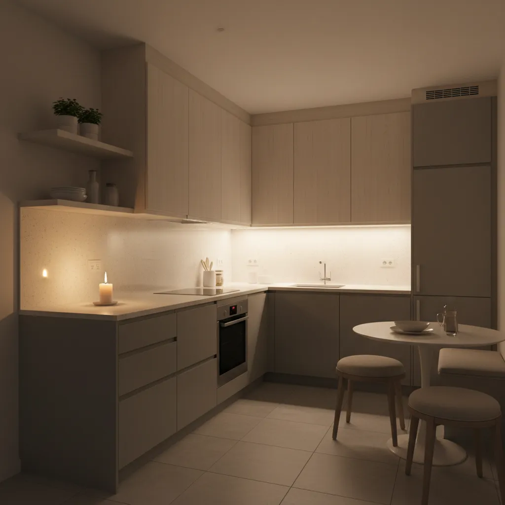 compact apartment kitchen with candle creating calm evening atmosphere