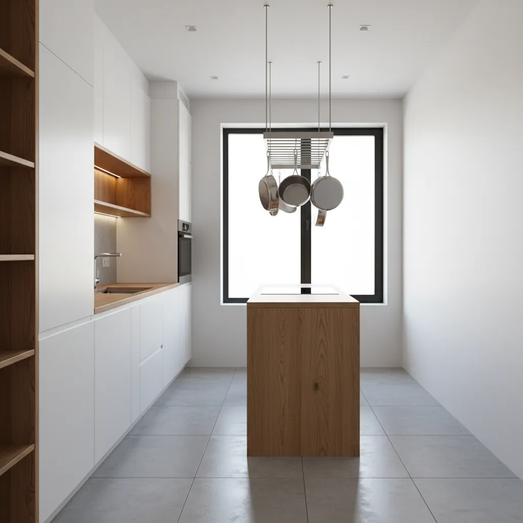 Ceiling mounted pot rack above a compact kitchen island