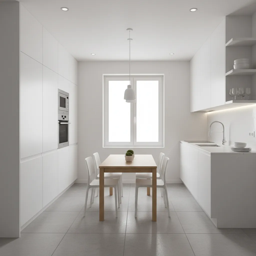 small kitchen with a center table making the space feel crowded
