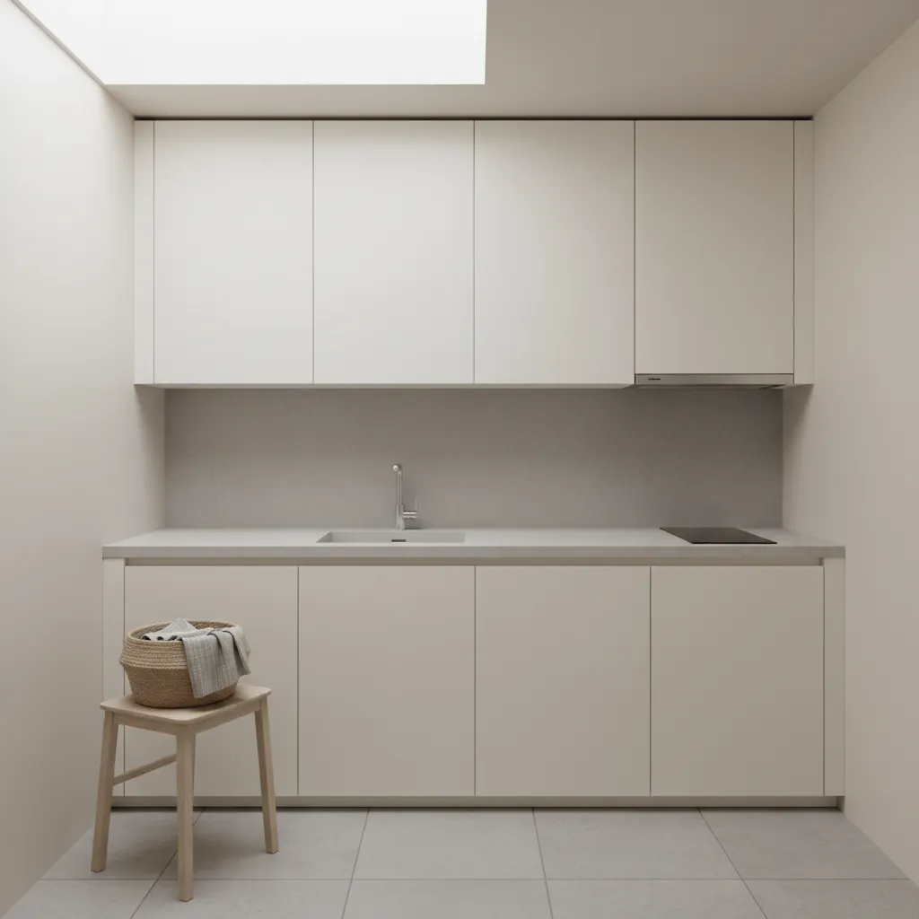 Minimalist white kitchen with a wooden stool holding a basket next to a simple counter