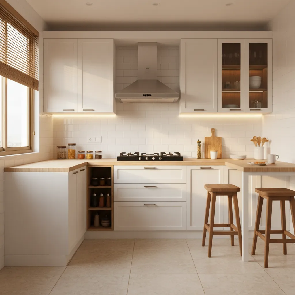 compact Indian kitchen with wall mounted chimney above cooktop