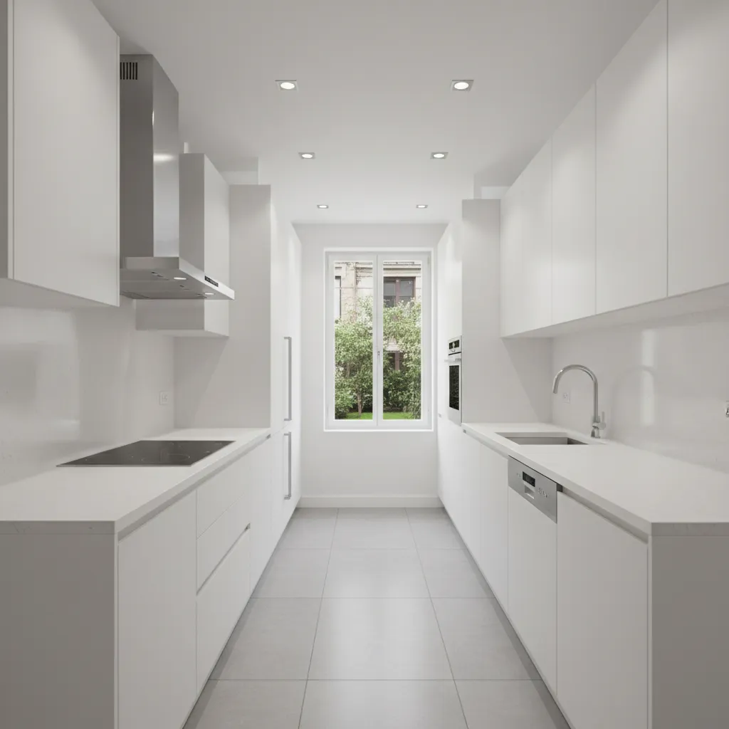 narrow kitchen with chimney hood positioned between cabinets