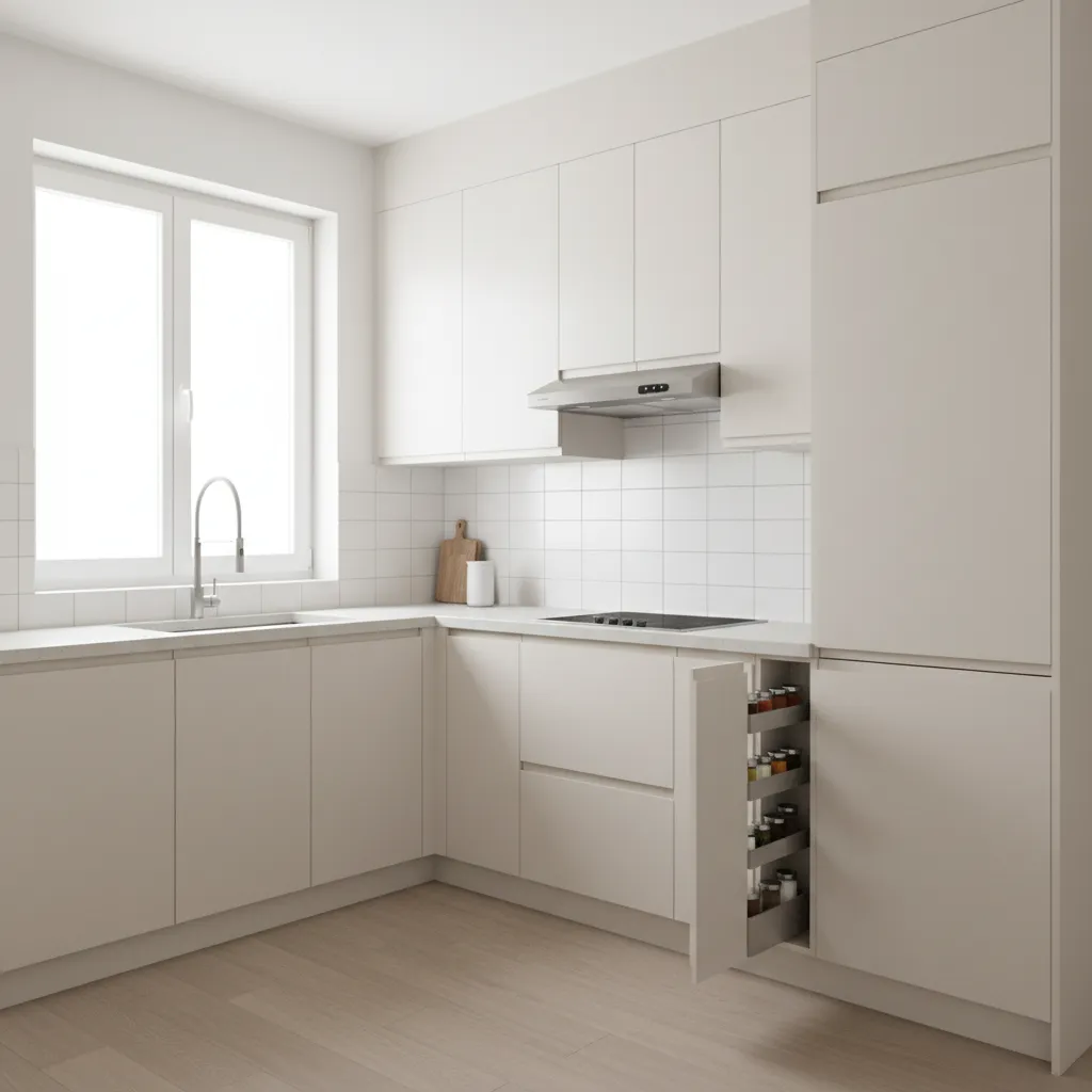 small kitchen storage around chimney with narrow cabinets