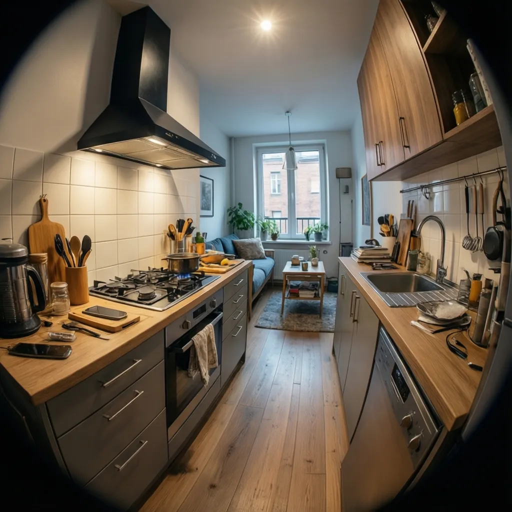 Compact kitchen with optimized chimney placement for airflow