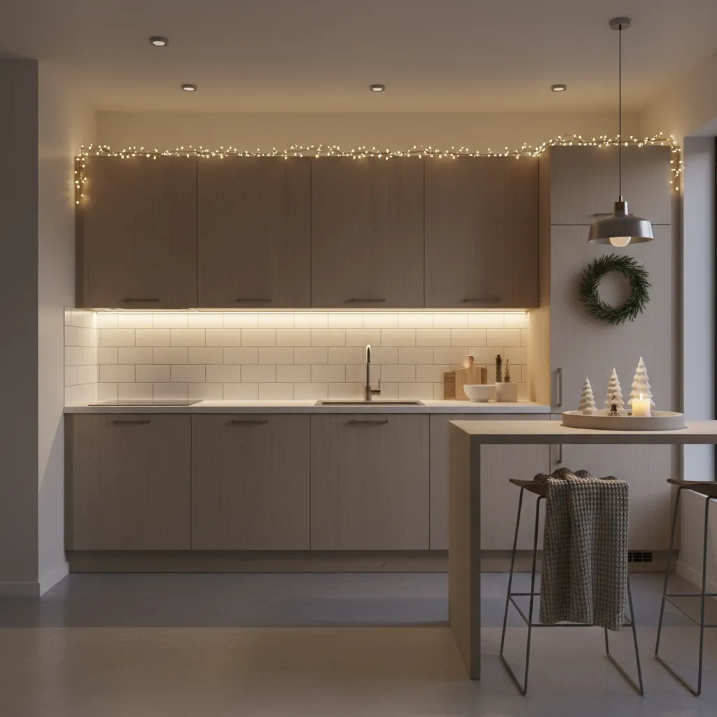 small kitchen decorated with subtle Christmas cabinet lights