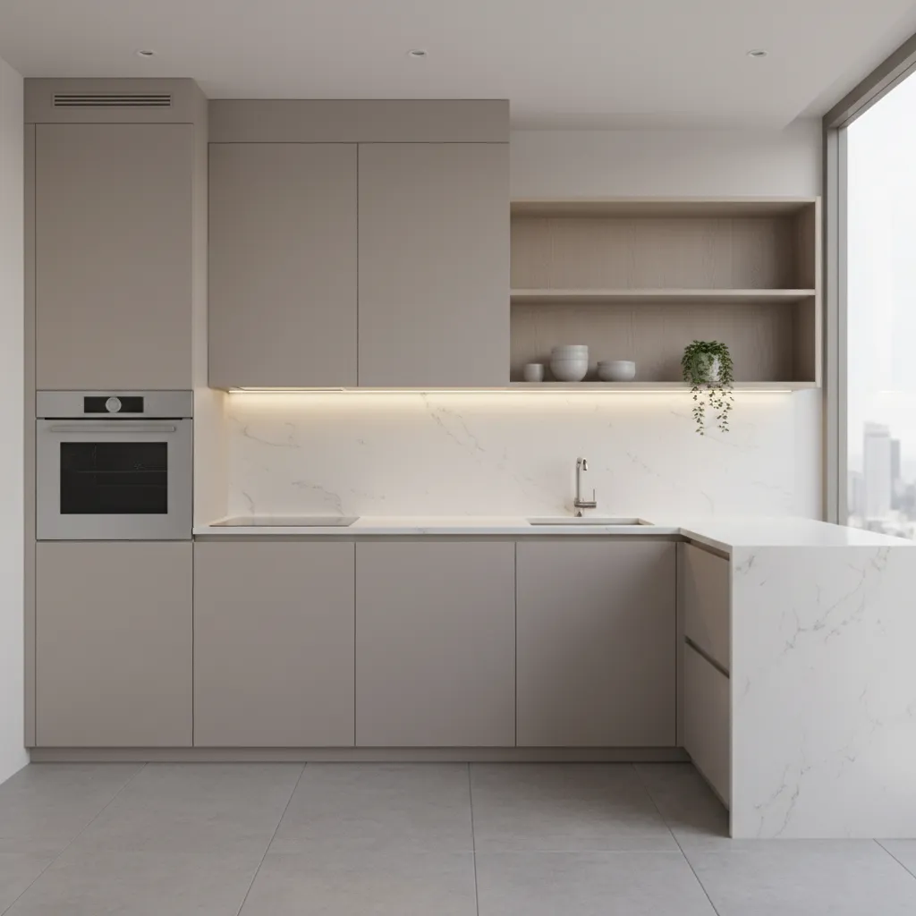 minimalist small kitchen with integrated oven and clean cabinet design