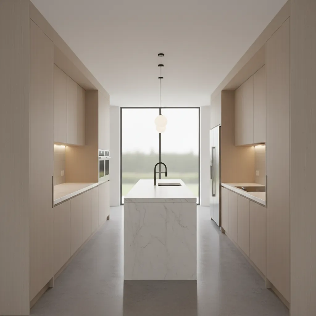 small kitchen showing comfortable walkway clearance between counters