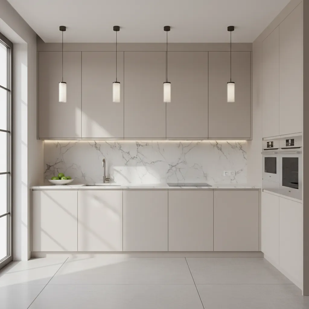 Minimalist kitchen with beige cabinets, marble backsplash, four hanging ceiling lights, and two wall ovens