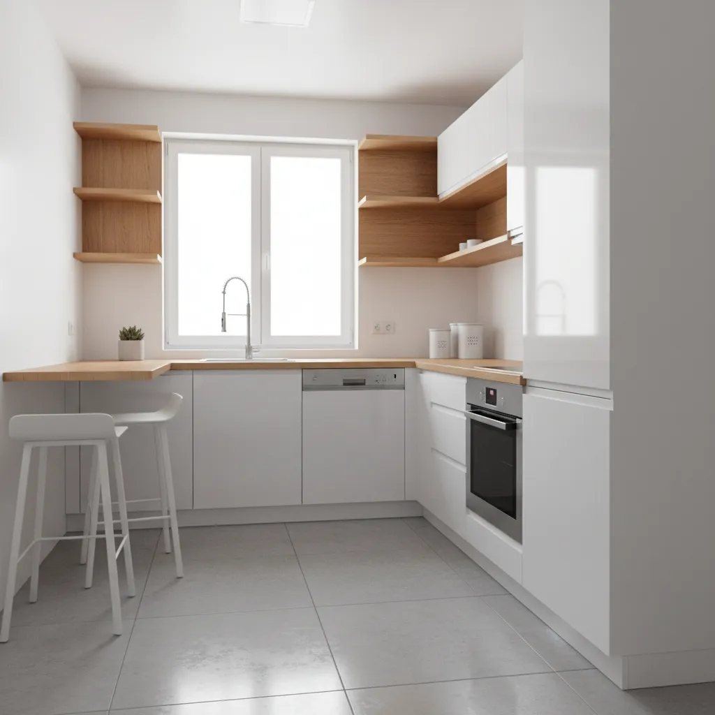 Compact small kitchen layout with efficient workspace and bright cabinets