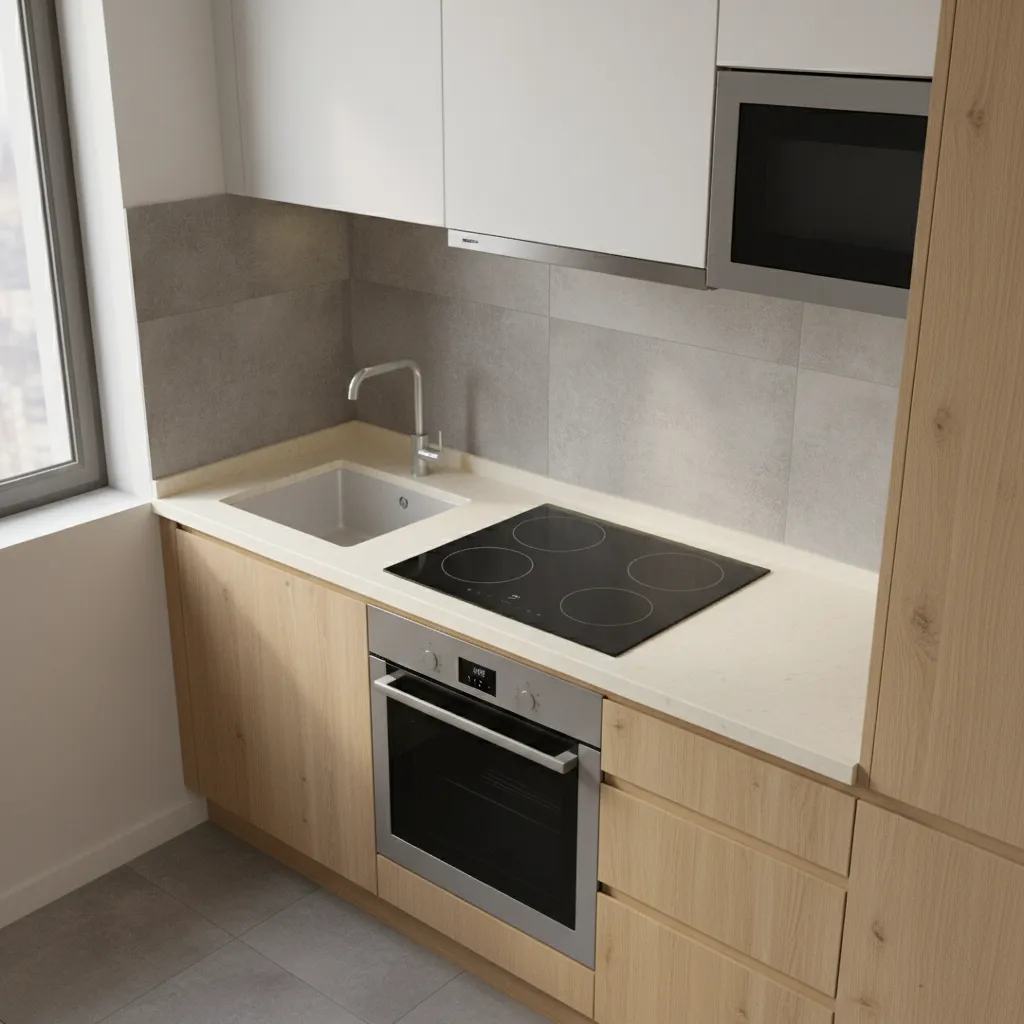 small kitchen cooking zone layout with oven and cooktop placement