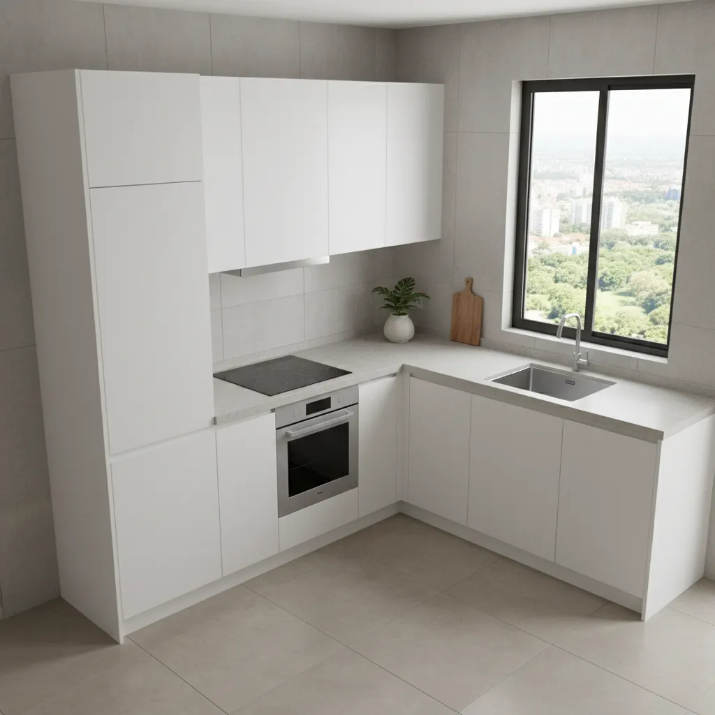 Compact kitchen layout with tall corner cabinet placement