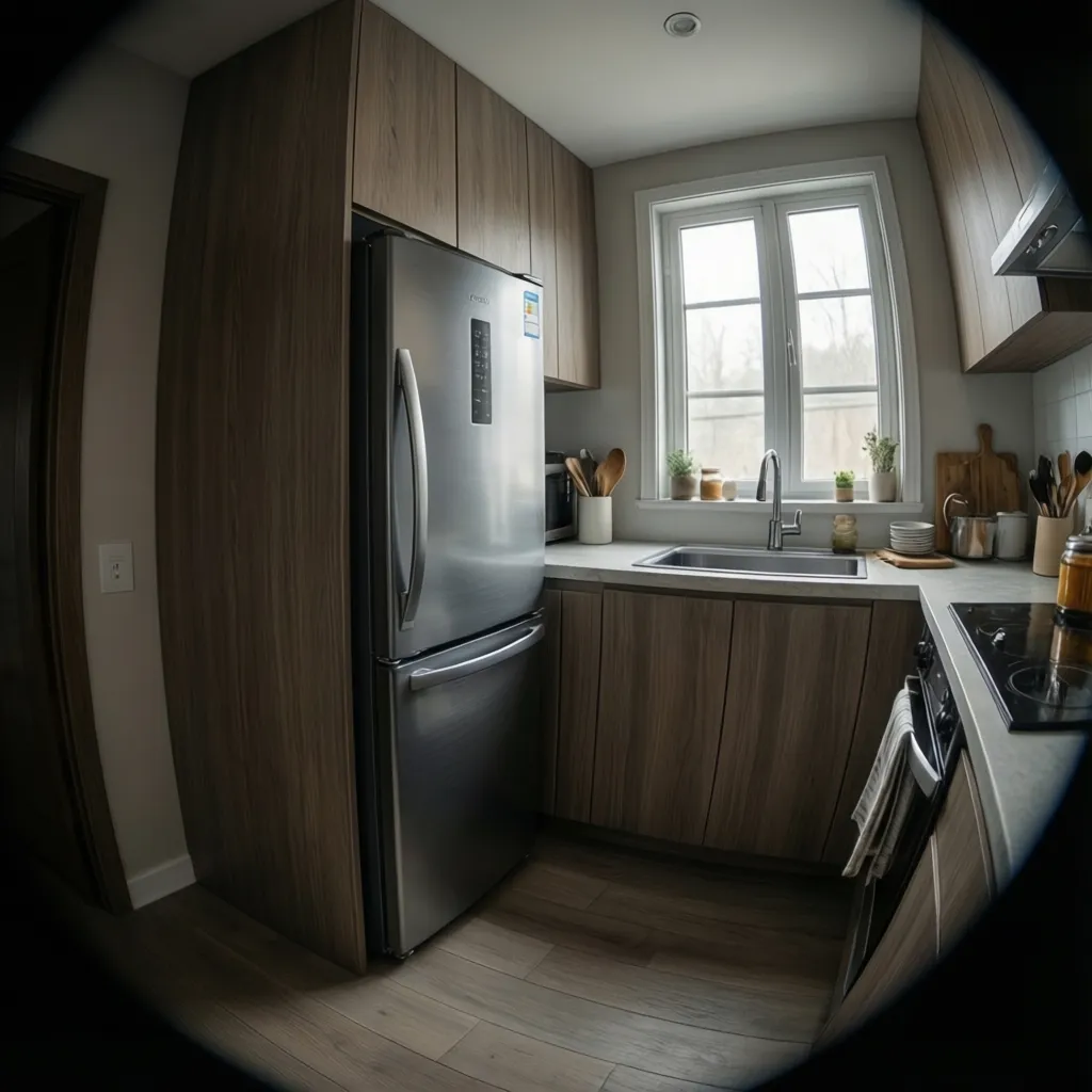 Corner refrigerator placement with cabinet clearance in a compact kitchen