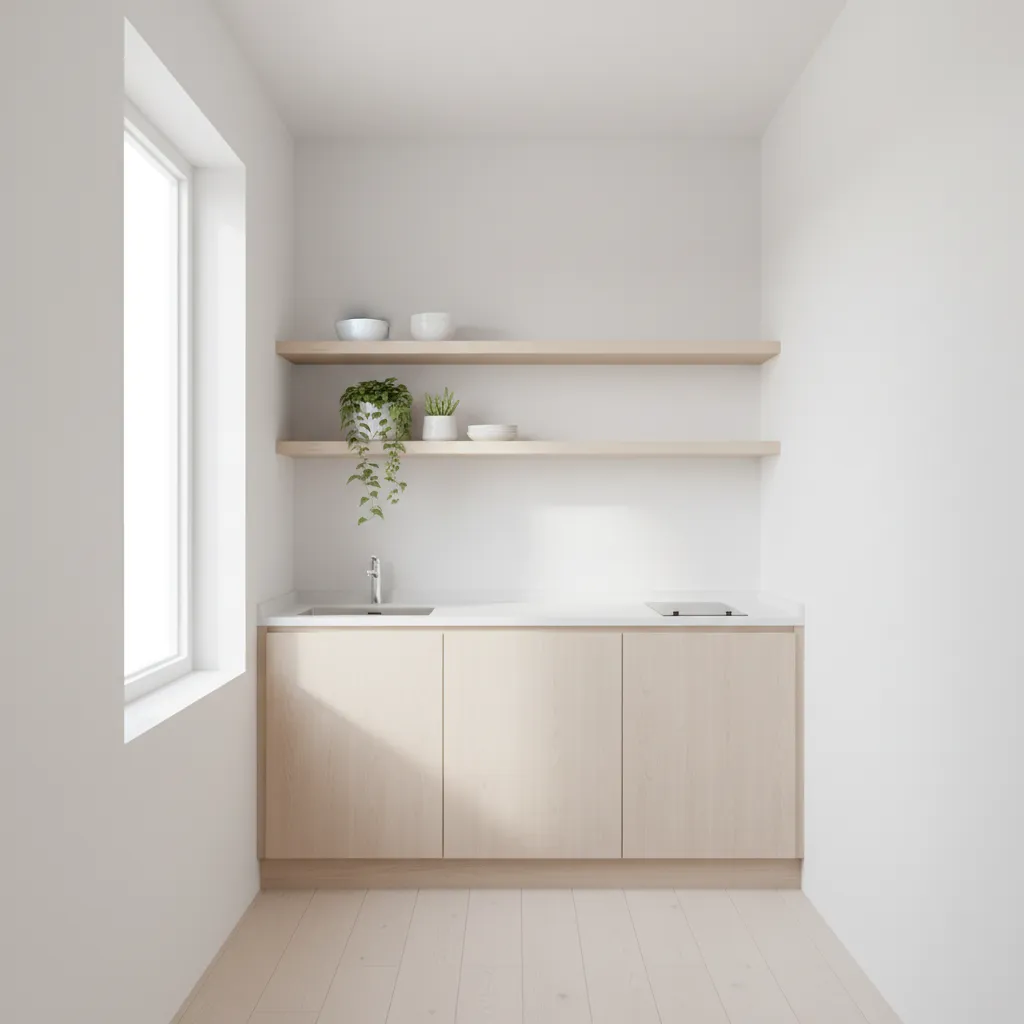Small kitchen using open corner shelves for storage