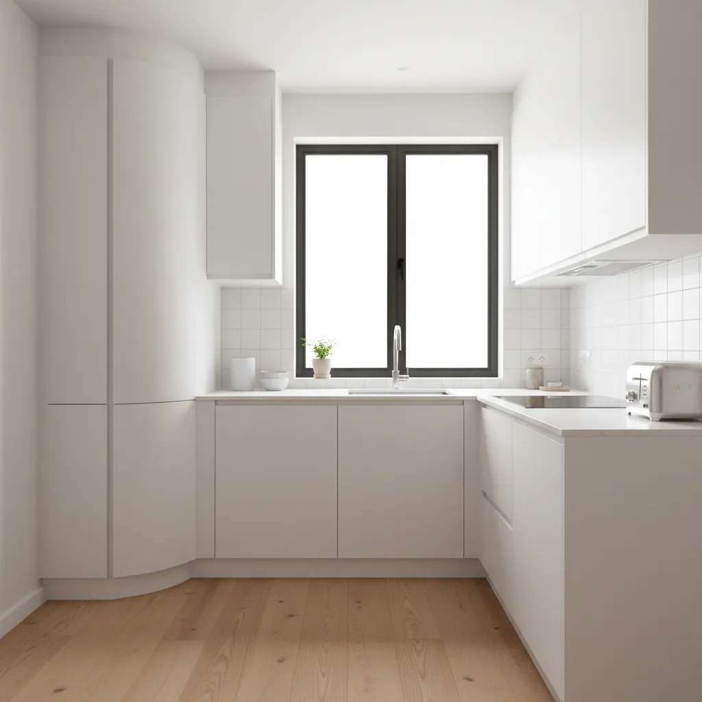 Small kitchen with a built-in corner pantry cabinet maximizing unused space