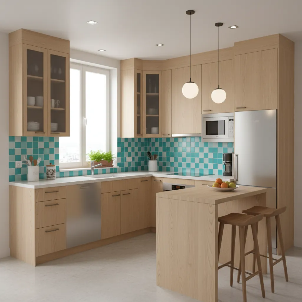 Compact apartment kitchen with corner sink maximizing counter space