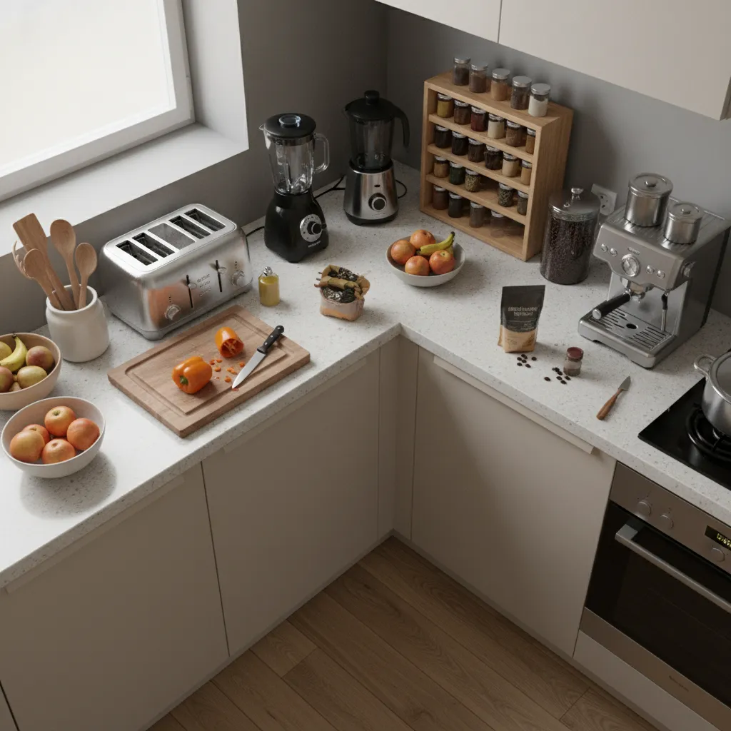 cluttered small kitchen counter with many appliances and limited workspace