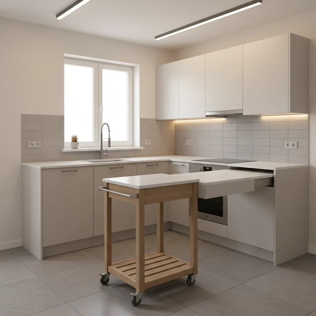 Small kitchen with rolling island and extended counter space