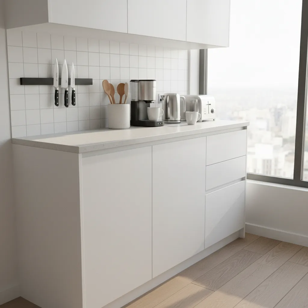 small kitchen counter with minimal appliances and wall storage