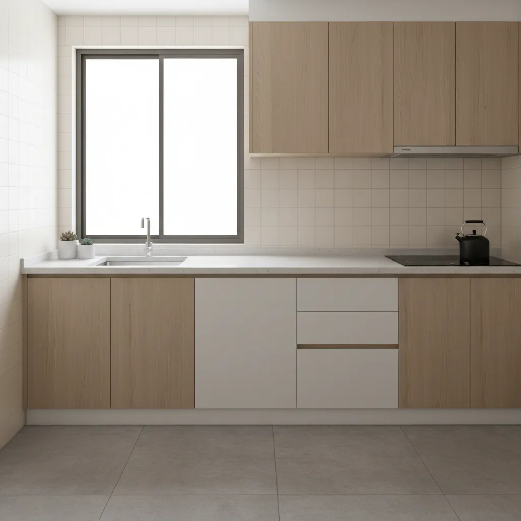 Optimized counter space between sink and stove in compact kitchen
