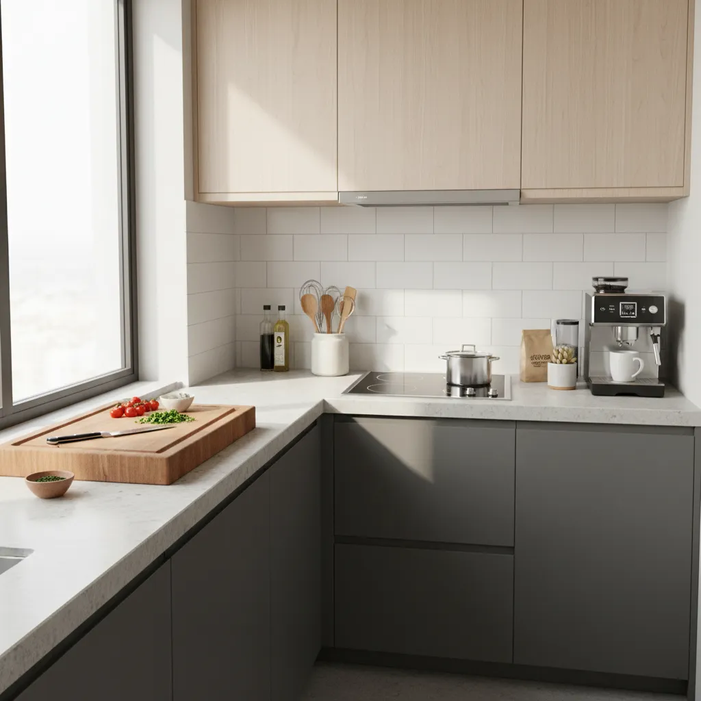 small kitchen counter organized into prep cooking and coffee zones