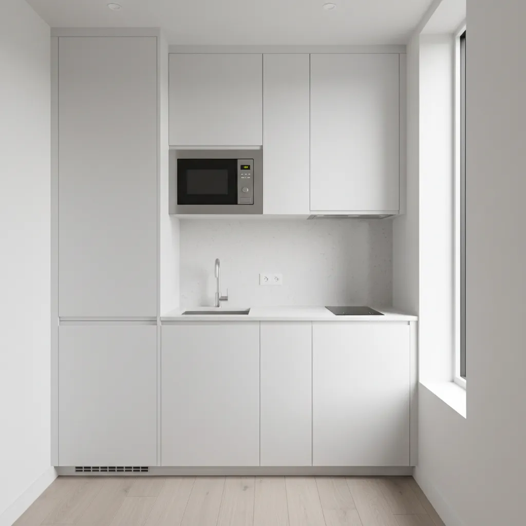 small kitchen with microwave crowding countertop space