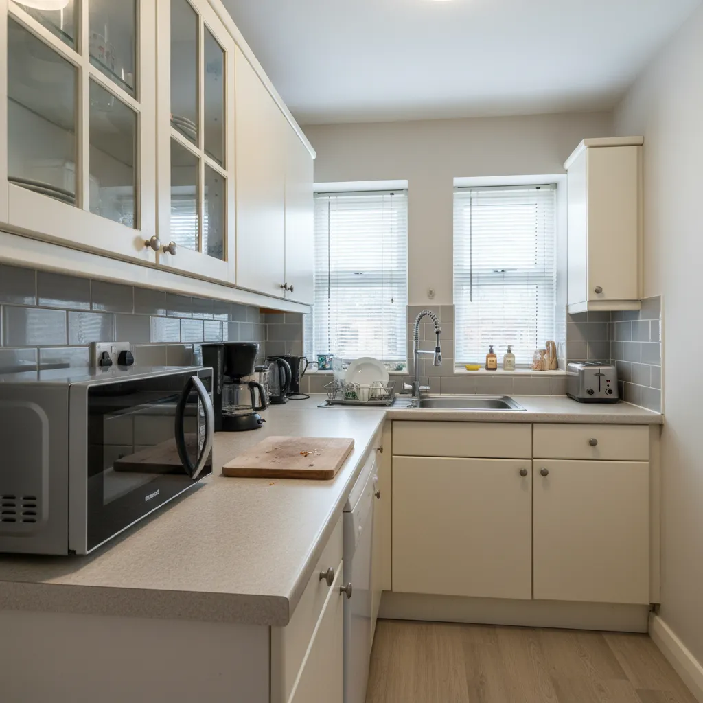 Small kitchen with microwave crowding the countertop workspace