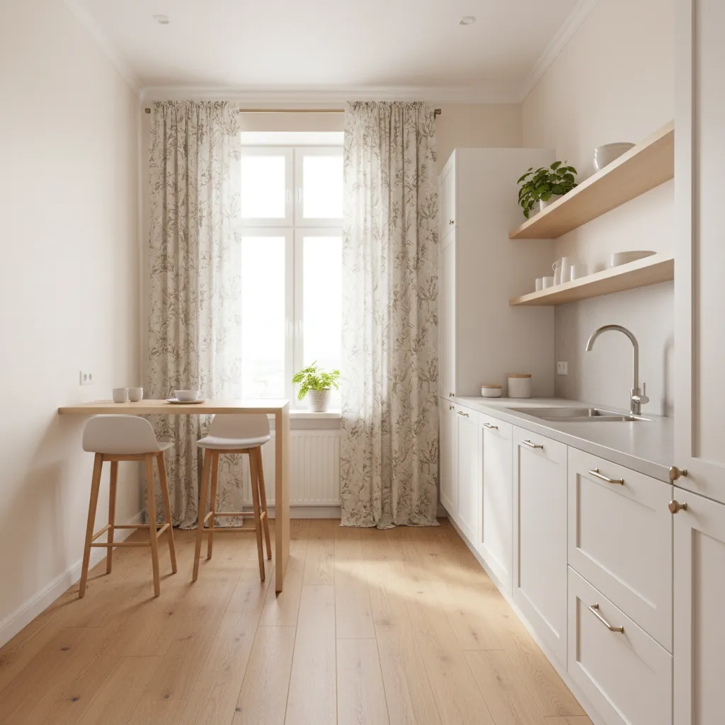 Small kitchen window with light patterned curtains brightening space